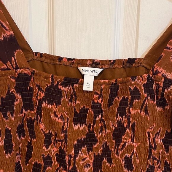 Nine West Top Womens XL Brown Pink Abstract Animal Print Smocked Long Sleeve Blo - Picture 2 of 3
